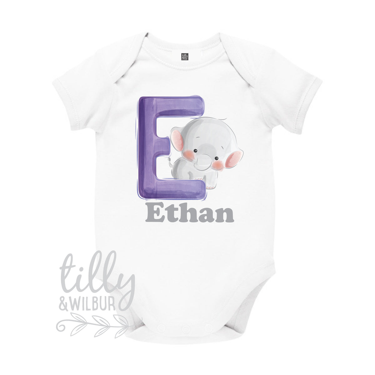 E Is For Elephant Personalised Bodysuit For Boys, Personalised Newborn Gift For Baby Boy, Personalised New Baby Gift, New Baby Boy Gift