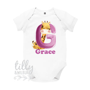 G Is For Giraffe Personalised Bodysuit For Girls, Personalised Newborn Gift For Baby Girl, Personalised New Baby Gift, New Baby Girl Gift