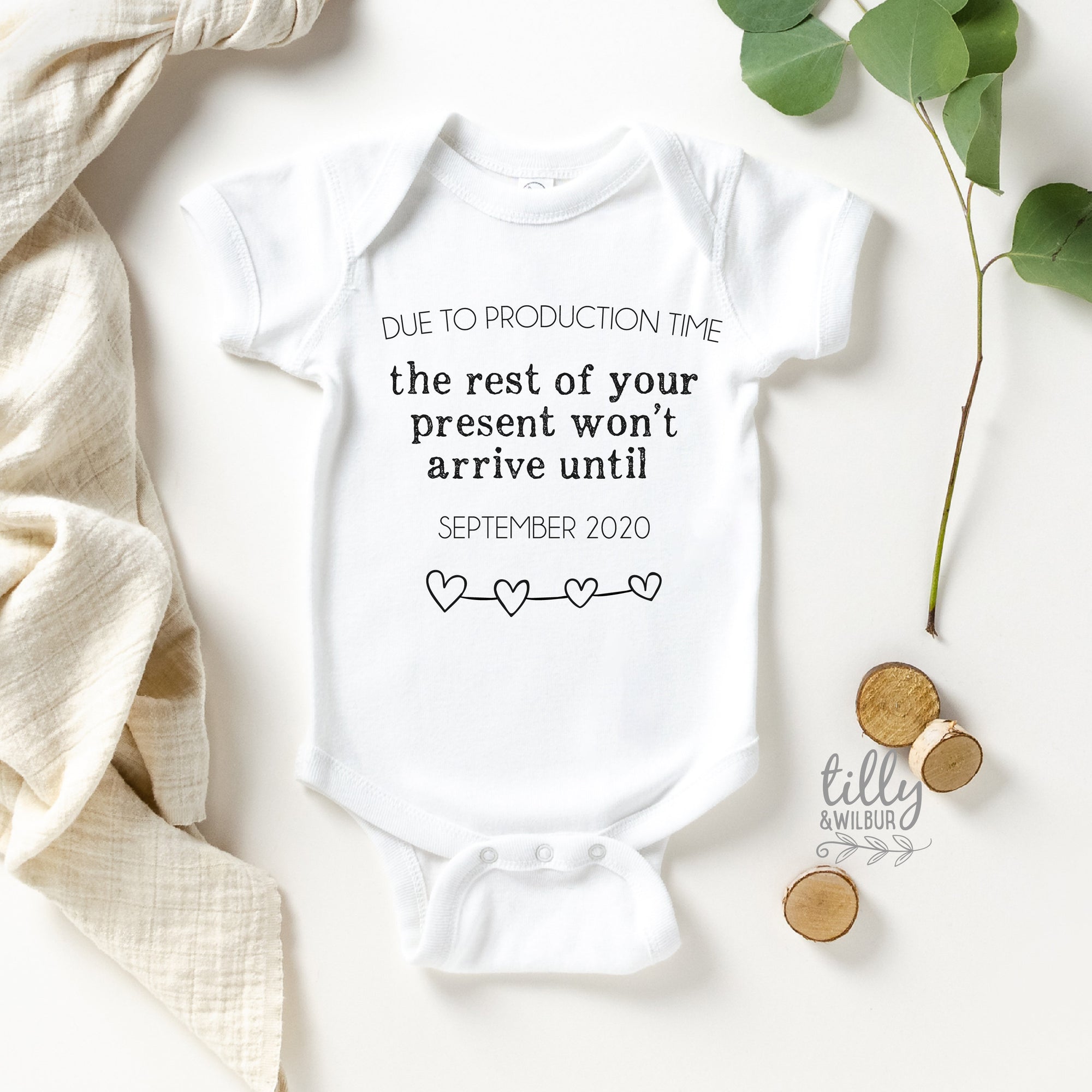 Due To Production Time Pregnancy Announcement Baby Bodysuit, Due To Production Time The Rest Of Your Present Won&#39;t Arrive Until Personalised