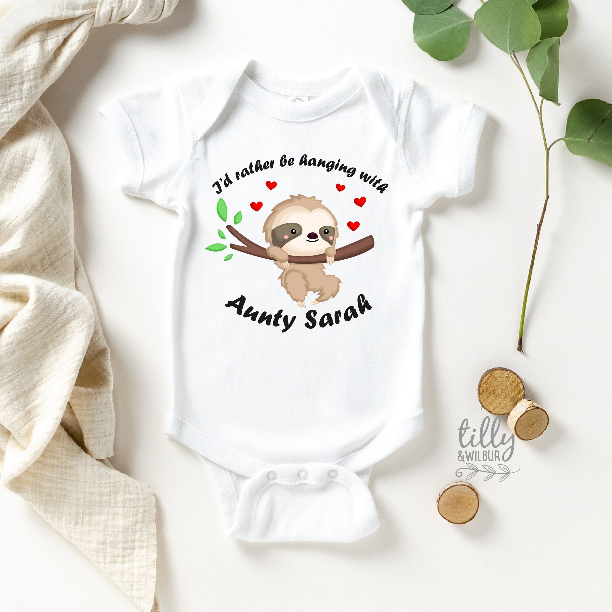 I&#39;d Rather Be Hanging With Aunty Personalised Sloth Baby Bodysuit, New Baby Gift, Newborn Baby Gift, Baby Shower Gift, Niece Or Nephew Gift
