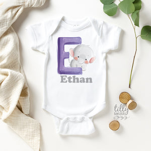 E Is For Elephant Personalised Bodysuit For Boys, Personalised Newborn Gift For Baby Boy, Personalised New Baby Gift, New Baby Boy Gift