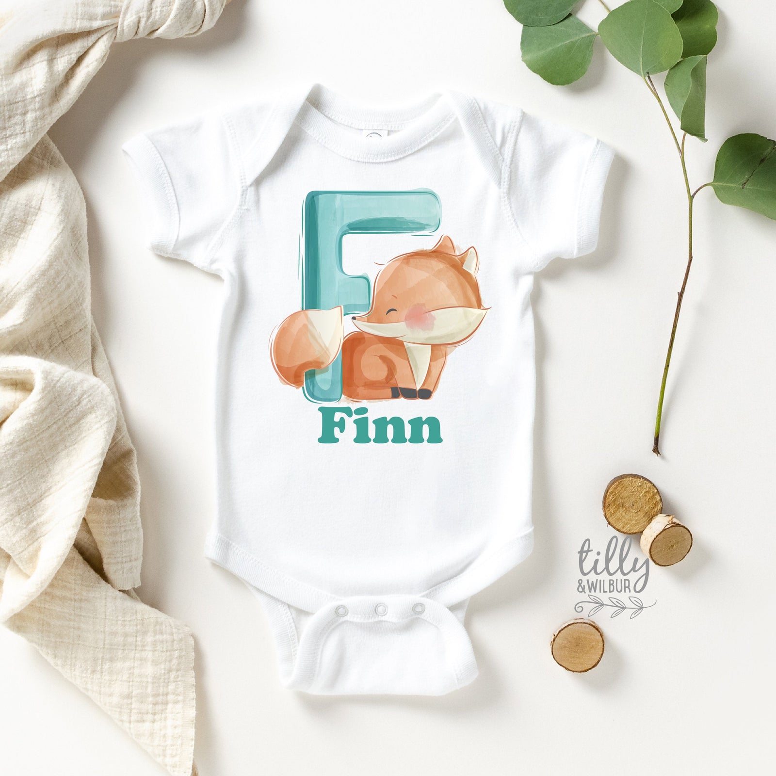 F Is For Fox Personalised Bodysuit For Boys, Personalised Newborn Gift For Baby Boy, Personalised New Baby Gift, New Baby Boy Gift