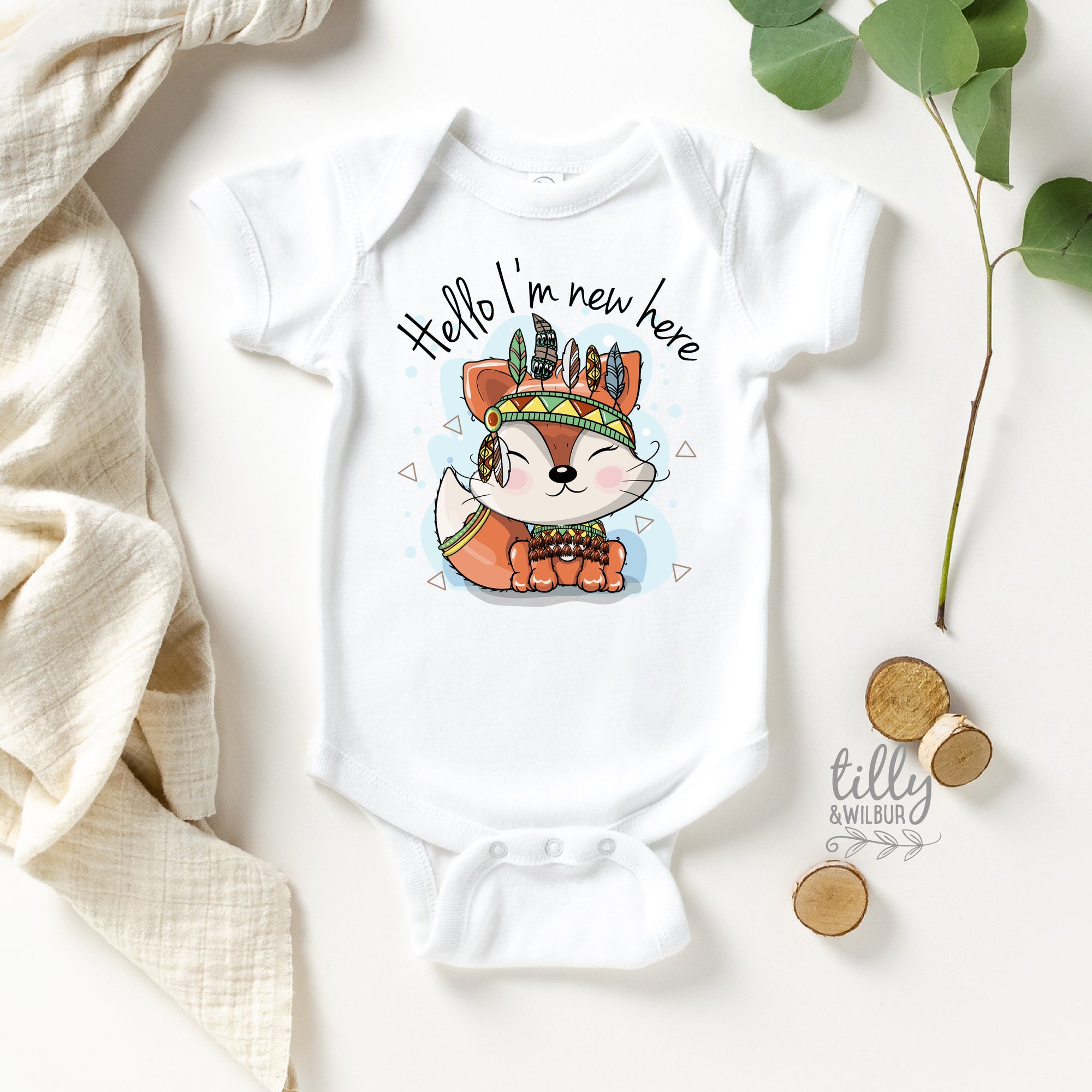 Hello I&#39;m New Here Baby Bodysuit, Newborn Baby Gift, Newborn Baby Boy Gift, New Baby Gift, Coming Home Outfit, Fox Baby Gift, New Baby Girl