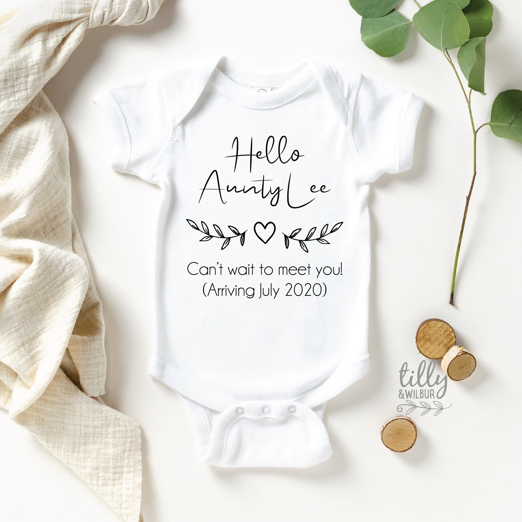 Hello Aunty Baby Bodysuit, Personalised Pregnancy Announcement With Name & Arrival Date, Sister Aunt Auntie Announcement, Niece Nephew Gift
