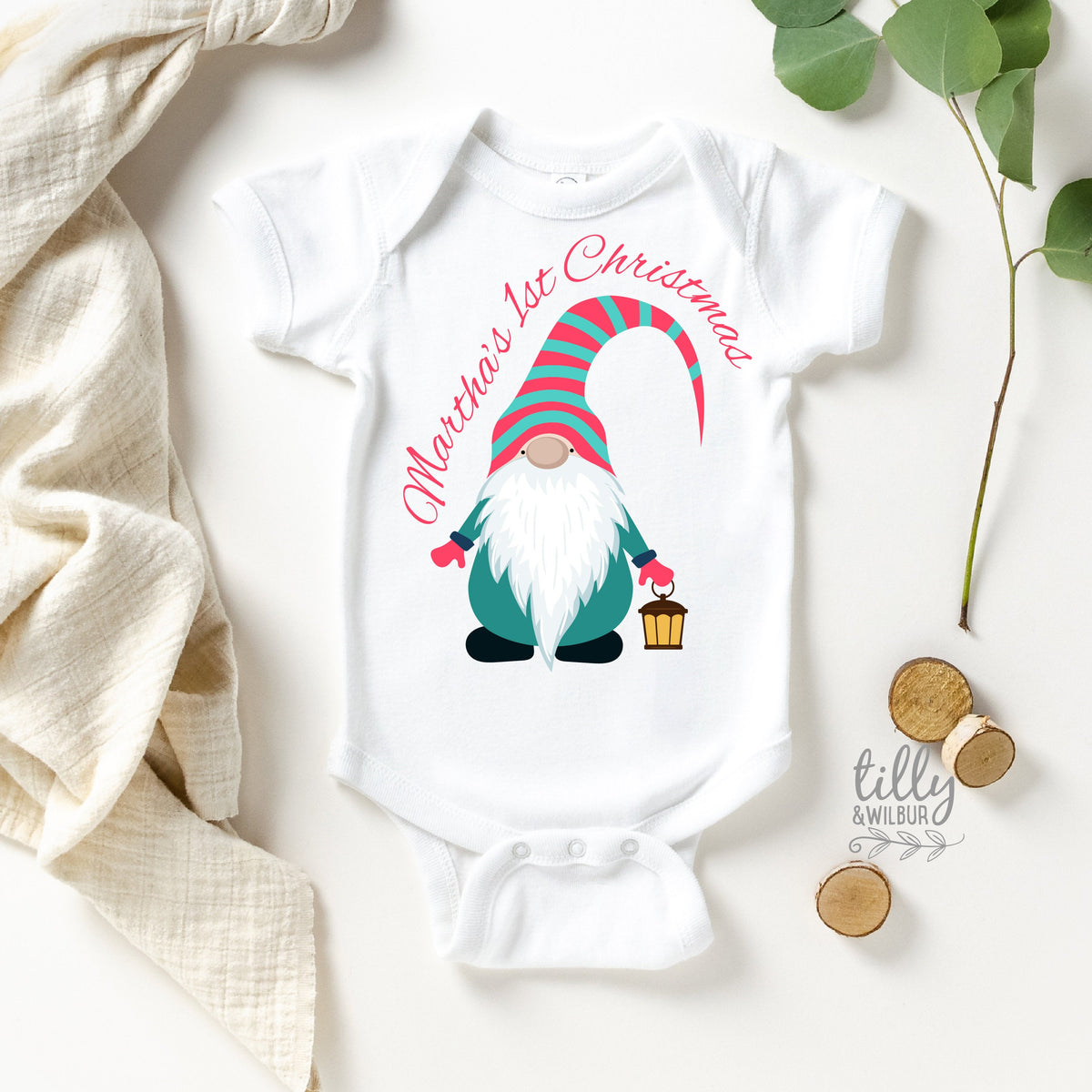 Scandinavian Christmas Gnome Personalised Baby Bodysuit, Baby Girl 1st Xmas, My 1st Christmas, My First Christmas, Christmas Gnome Bodysuit