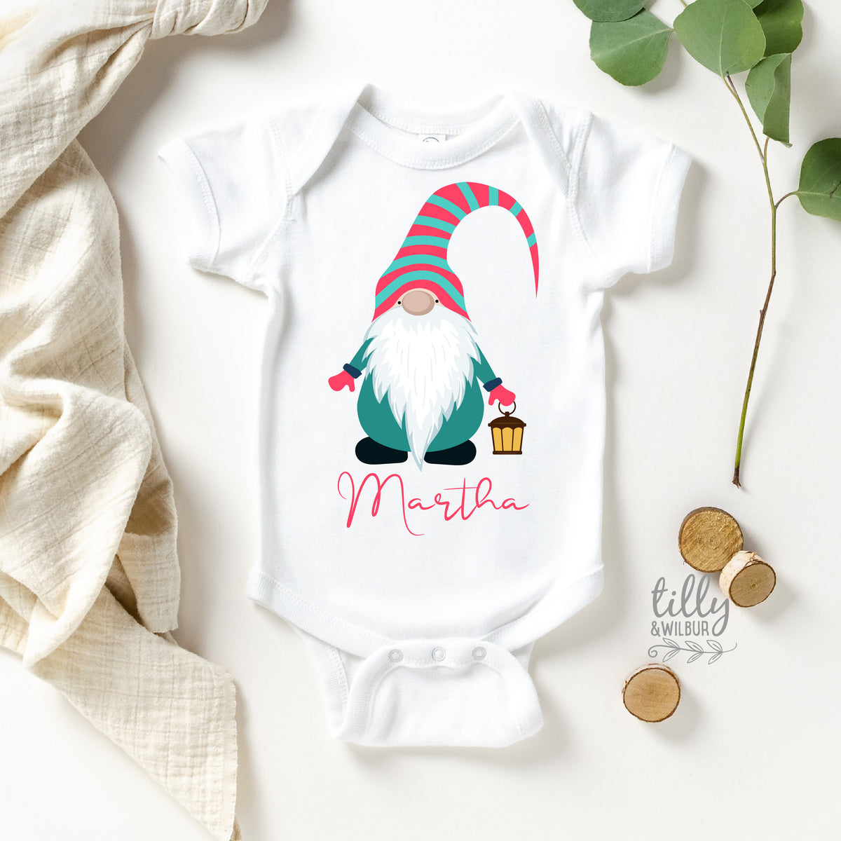Scandinavian Christmas Gnome Personalised Baby Bodysuit, Baby Girl Xmas, Girl&amp;#39;s Christmas Gift, Personalised Christmas Gift, Christmas Gnome