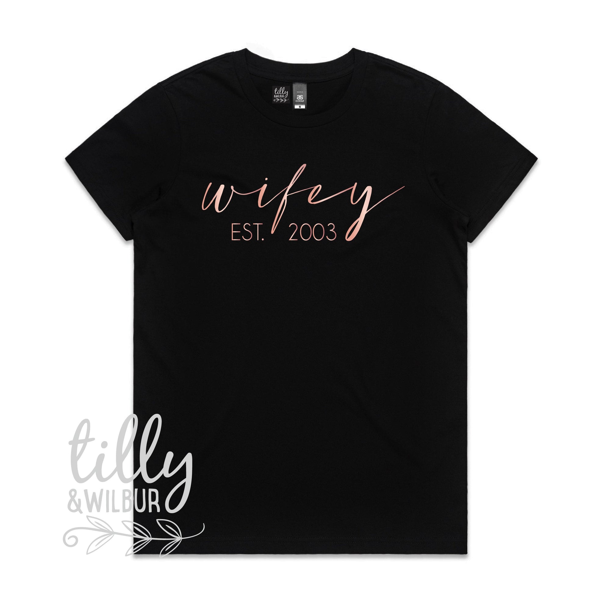 Wifey Est. T-Shirt For New Bride, Wifey Tee, Newlyweds, Rose Gold Print, Honeymoon Outfits, Wife Gift, Wedding Gift, His and Hers Clothing,