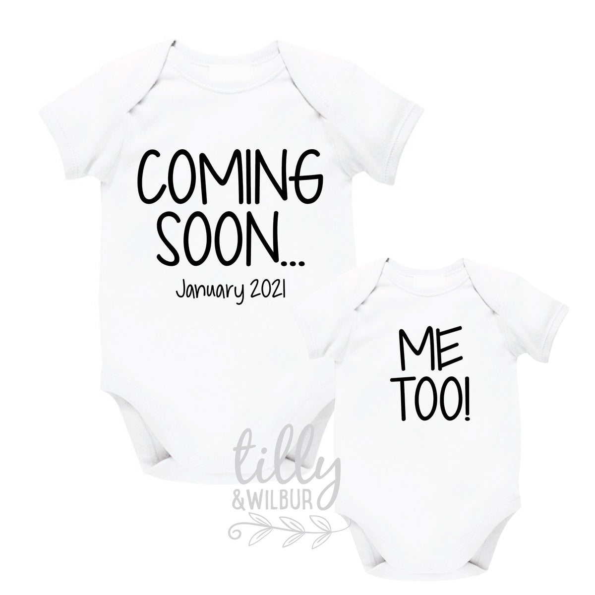 Coming Soon, Me Too! Personalised Due Date Twins Announcement Bodysuits, Pregnancy Announcement For Twins, Twin, We&amp;#39;re Having Twins Reveal