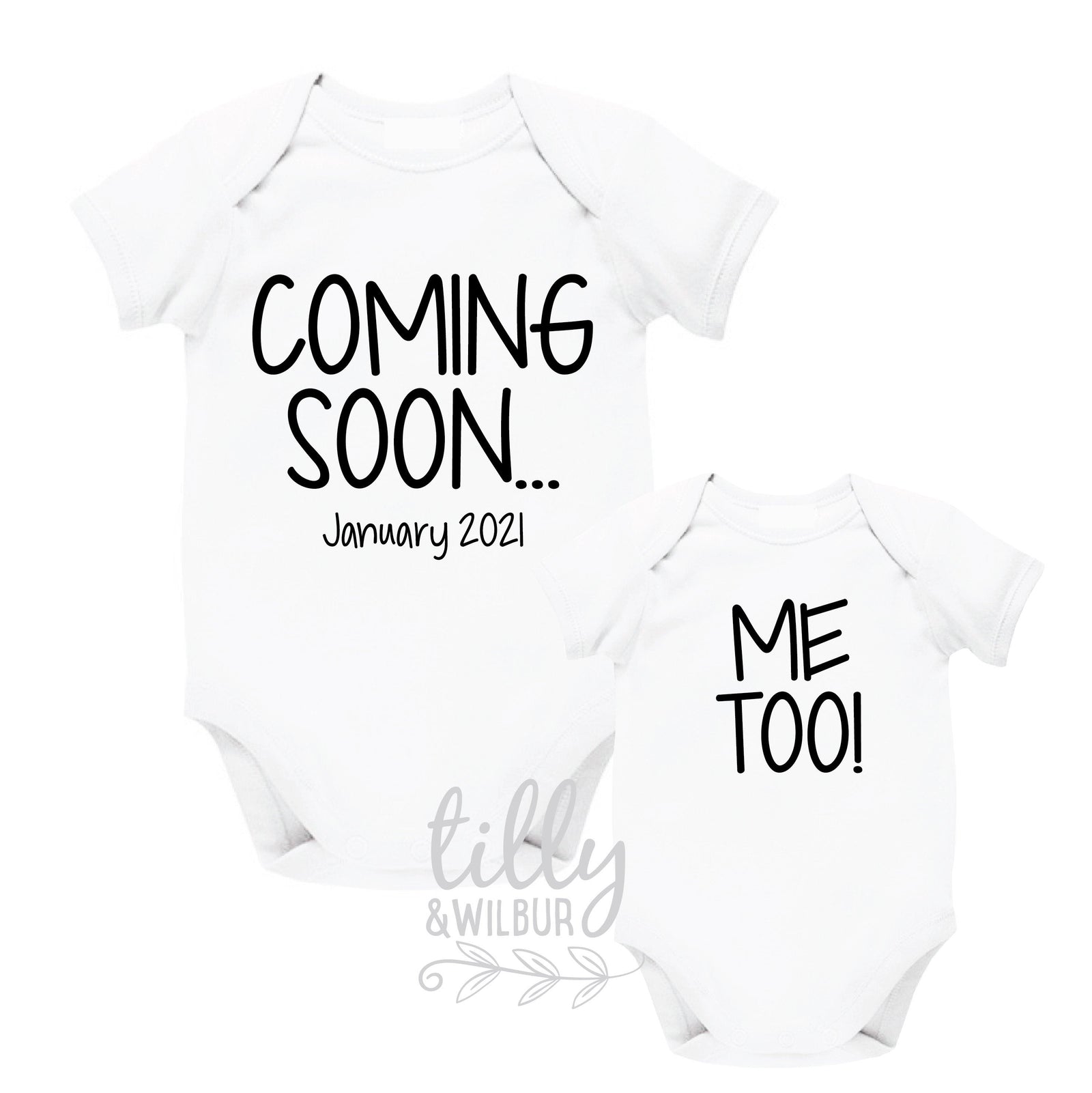 Coming Soon, Me Too! Personalised Due Date Twins Announcement Bodysuits, Pregnancy Announcement For Twins, Twin, We're Having Twins Reveal