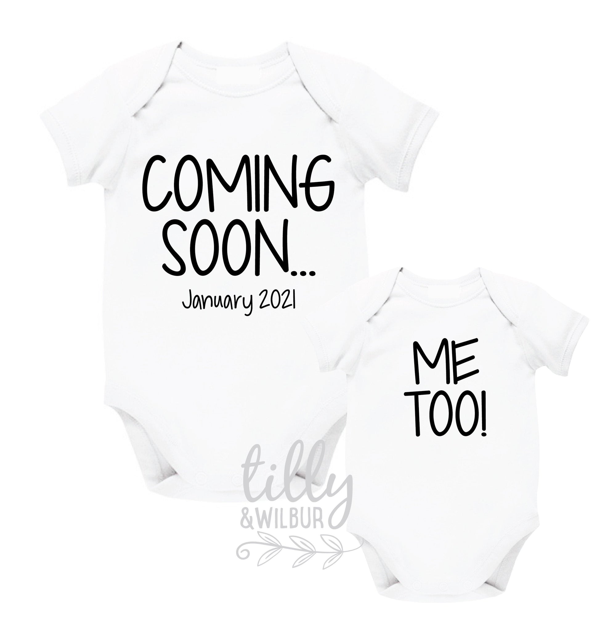 Coming Soon, Me Too! Personalised Due Date Twins Announcement Bodysuits, Pregnancy Announcement For Twins, Twin, We&#39;re Having Twins Reveal