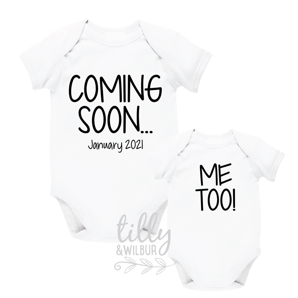 Coming Soon, Me Too! Personalised Due Date Twins Announcement Bodysuits, Pregnancy Announcement For Twins, Twin, We&amp;#39;re Having Twins Reveal