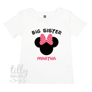 Big Sister T-Shirt for Girls With Minnie Mouse Design And Child&#39;s Name, Personalised Big Sister Shirt, Pregnancy Announcement T-Shirt Gift
