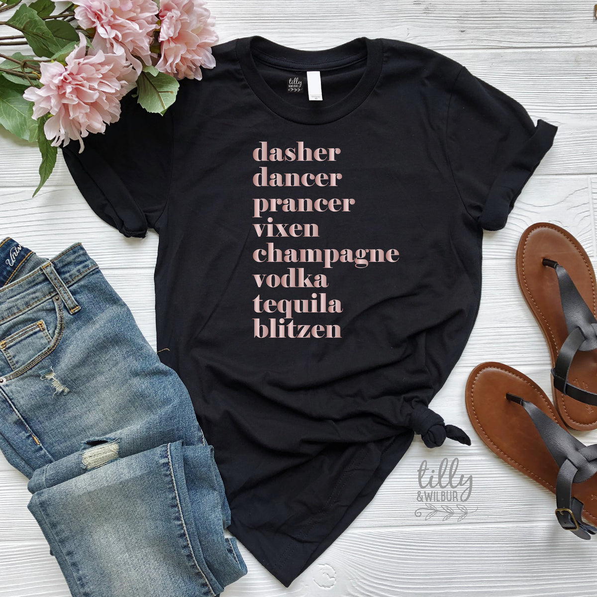 Funny Women&amp;#39;s Christmas Gift, Drinking Christmas T-Shirt, Dasher, Dancer, Prancer, Vixen, Champagne, Vodka, Tequila, Blitzen T-Shirt, Funny