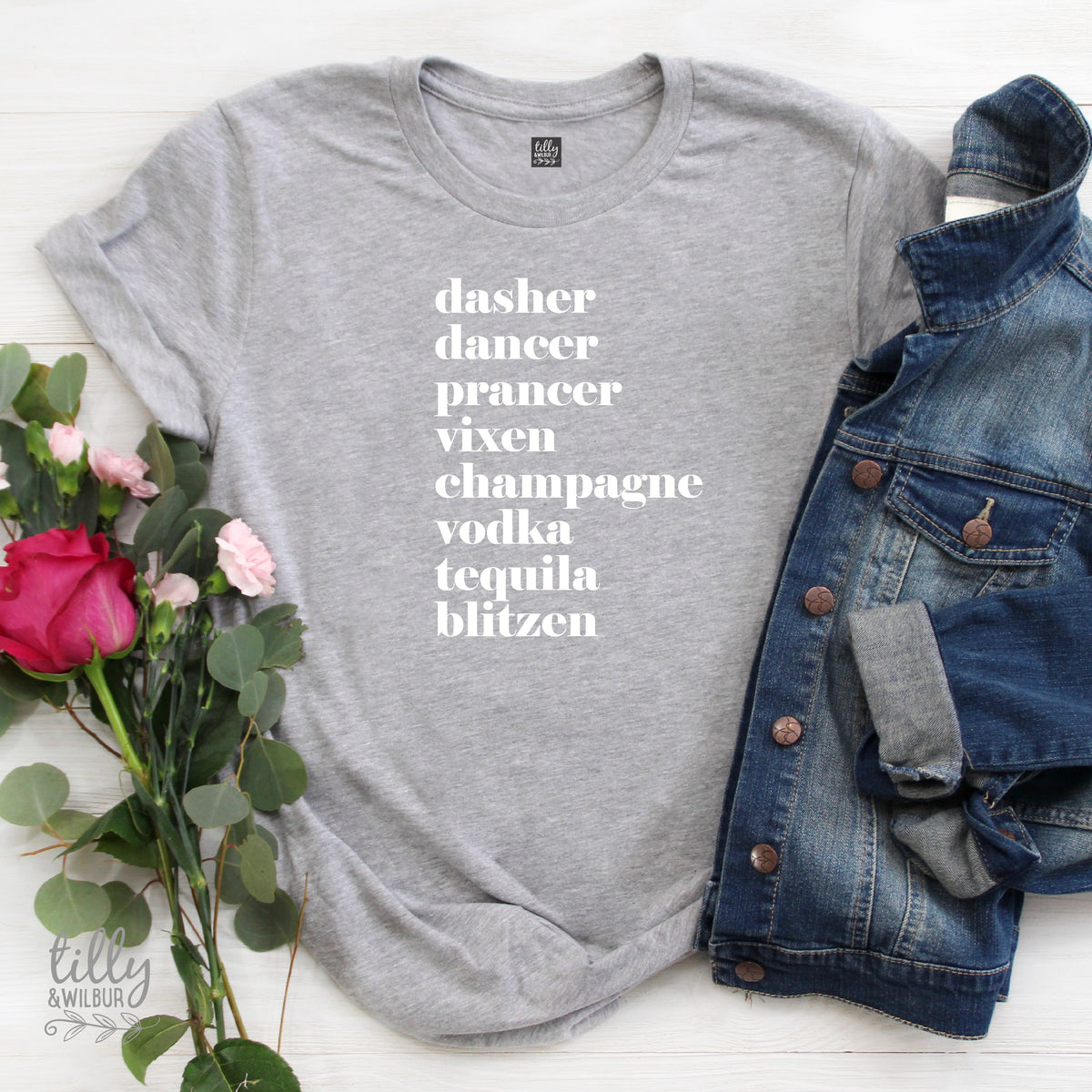Funny Women&amp;#39;s Christmas Gift, Drinking Christmas T-Shirt, Dasher, Dancer, Prancer, Vixen, Champagne, Vodka, Tequila, Blitzen T-Shirt, Funny