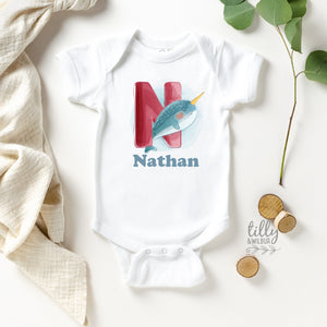 N Is For Narwhal Personalised Bodysuit For Boys, Personalised Newborn Gift For Baby Boy, Personalised New Baby Gift, New Baby Boy Gift