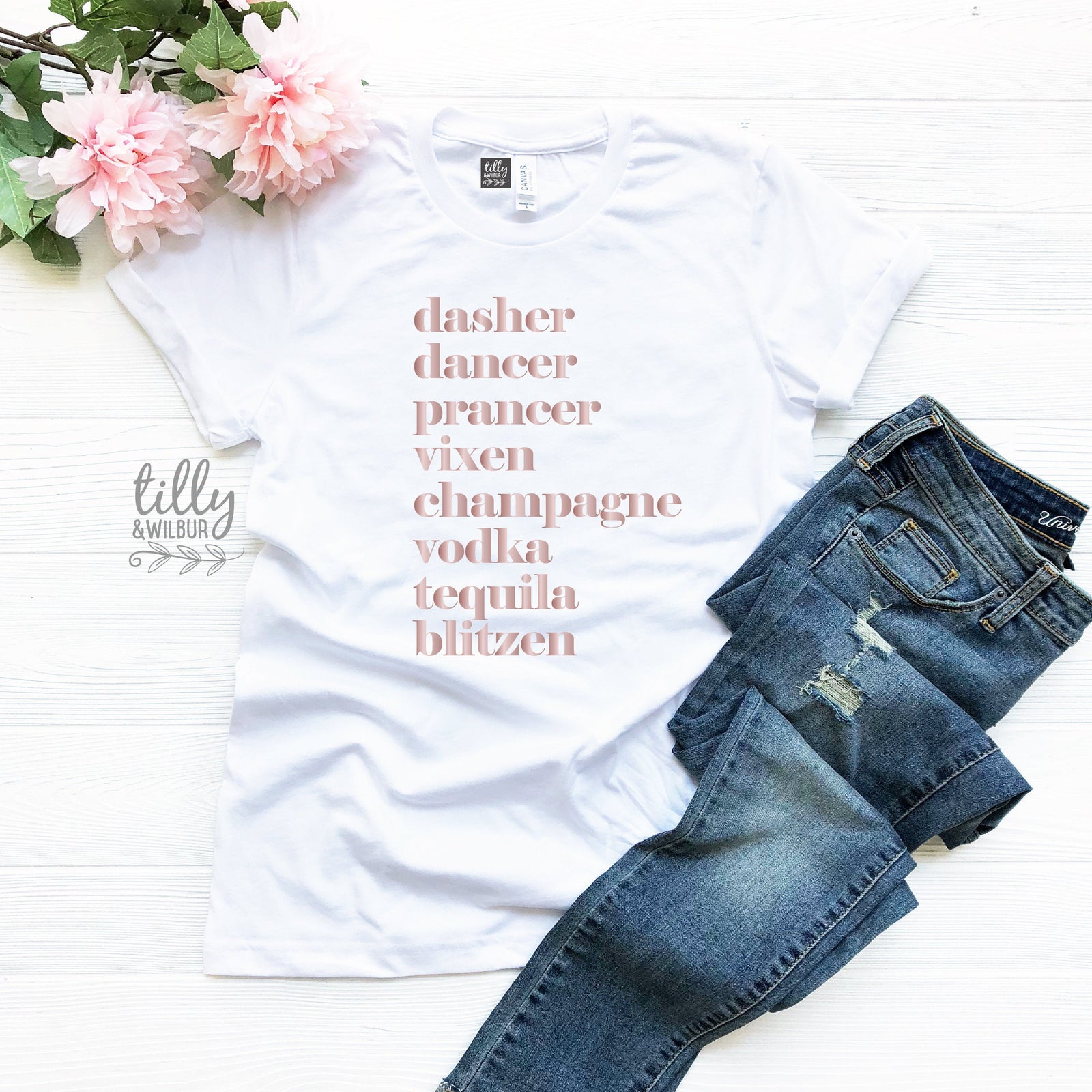 Funny Women's Christmas Gift, Drinking Christmas T-Shirt, Dasher, Dancer, Prancer, Vixen, Champagne, Vodka, Tequila, Blitzen T-Shirt, Funny