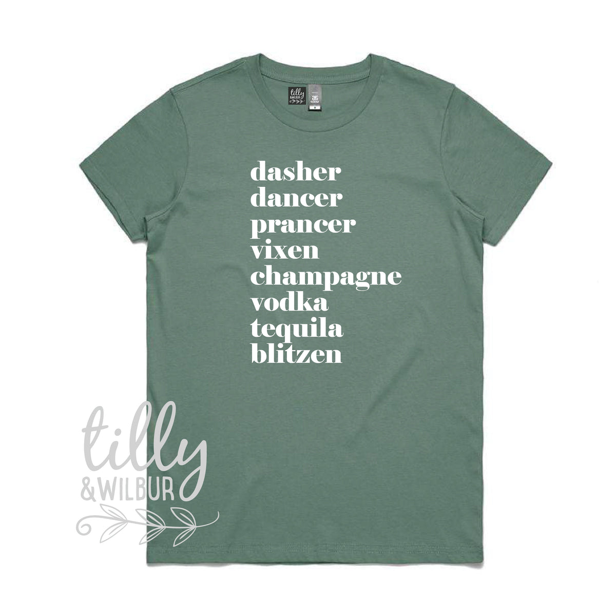 Funny Women&amp;#39;s Christmas Gift, Drinking Christmas T-Shirt, Dasher, Dancer, Prancer, Vixen, Champagne, Vodka, Tequila, Blitzen T-Shirt, Funny