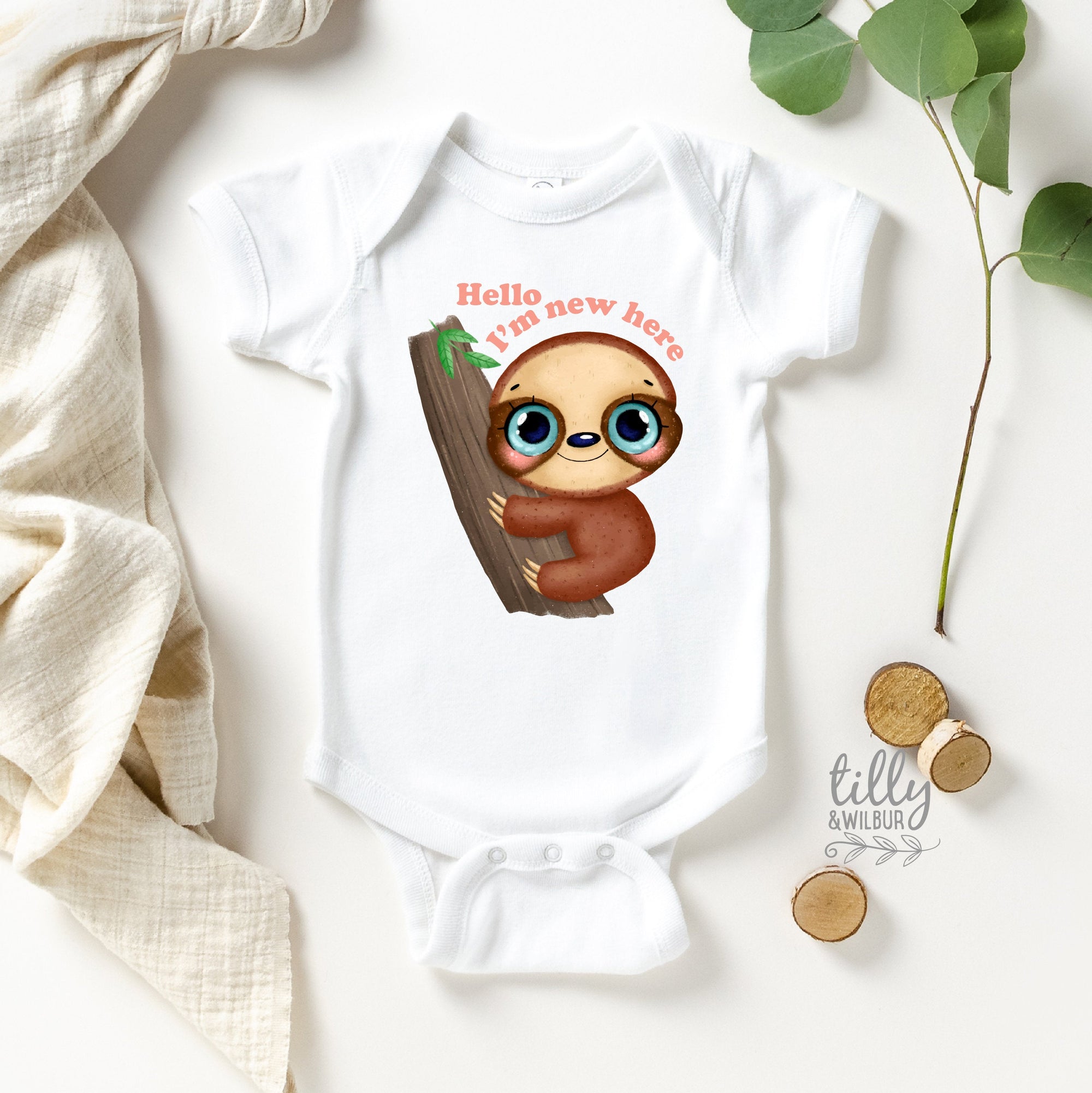 Hello I&#39;m New Here Baby Bodysuit, Newborn Baby Girl Gift, Baby Sloth Newborn Gift, Hello I&#39;m New Here Sloth, New Baby Gift, Baby Shower Gift