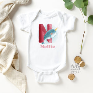 N Is For Narwhal Personalised Bodysuit For Girls, Personalised Newborn Gift For Baby Girl, Personalised New Baby Gift, New Baby Girl Gift