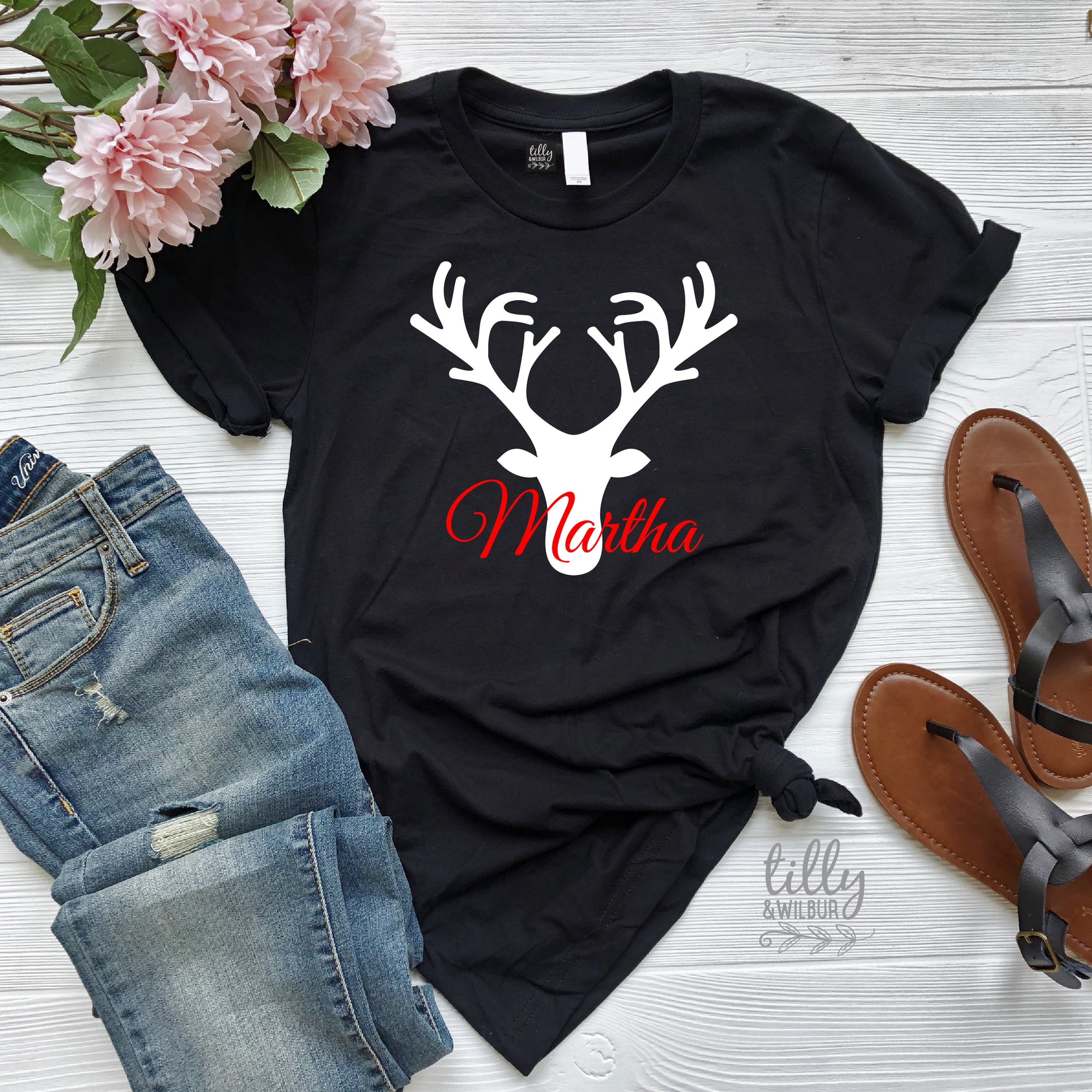 Personalised Reindeer Women&#39;s T-Shirt, Xmas Reindeer T-Shirt For Women, Reindeer Christmas Gift, Christmas T-Shirt Gift, Xmas Gifts For Her