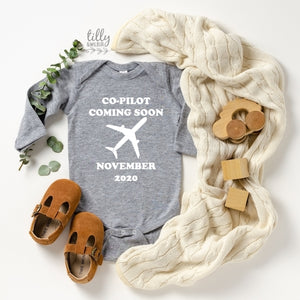 Co-Pilot Coming Soon With Due Date Pregnancy Announcement Bodysuit, Co-Pilot Bodysuit, Pilot Pregnancy Announcement, Pilot Baby Announcement