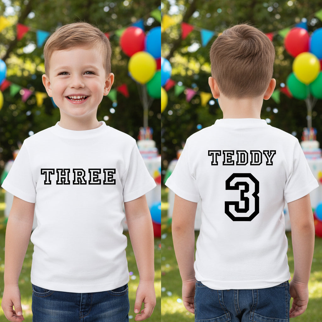 Three Personalised Boys 3rd Birthday T-Shirt, 3rd Birthday Gift, 3 Birthday Tee, Name And Number 3 On Back Of Shirt, I Am 3, 3 Today, Boys