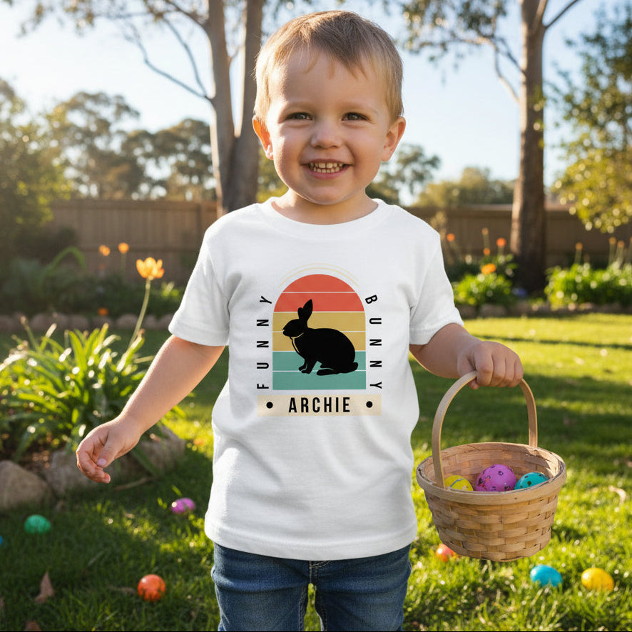 Personalised retro Easter bunny shirt with custom name Archie and vintage sunset stripes for kids