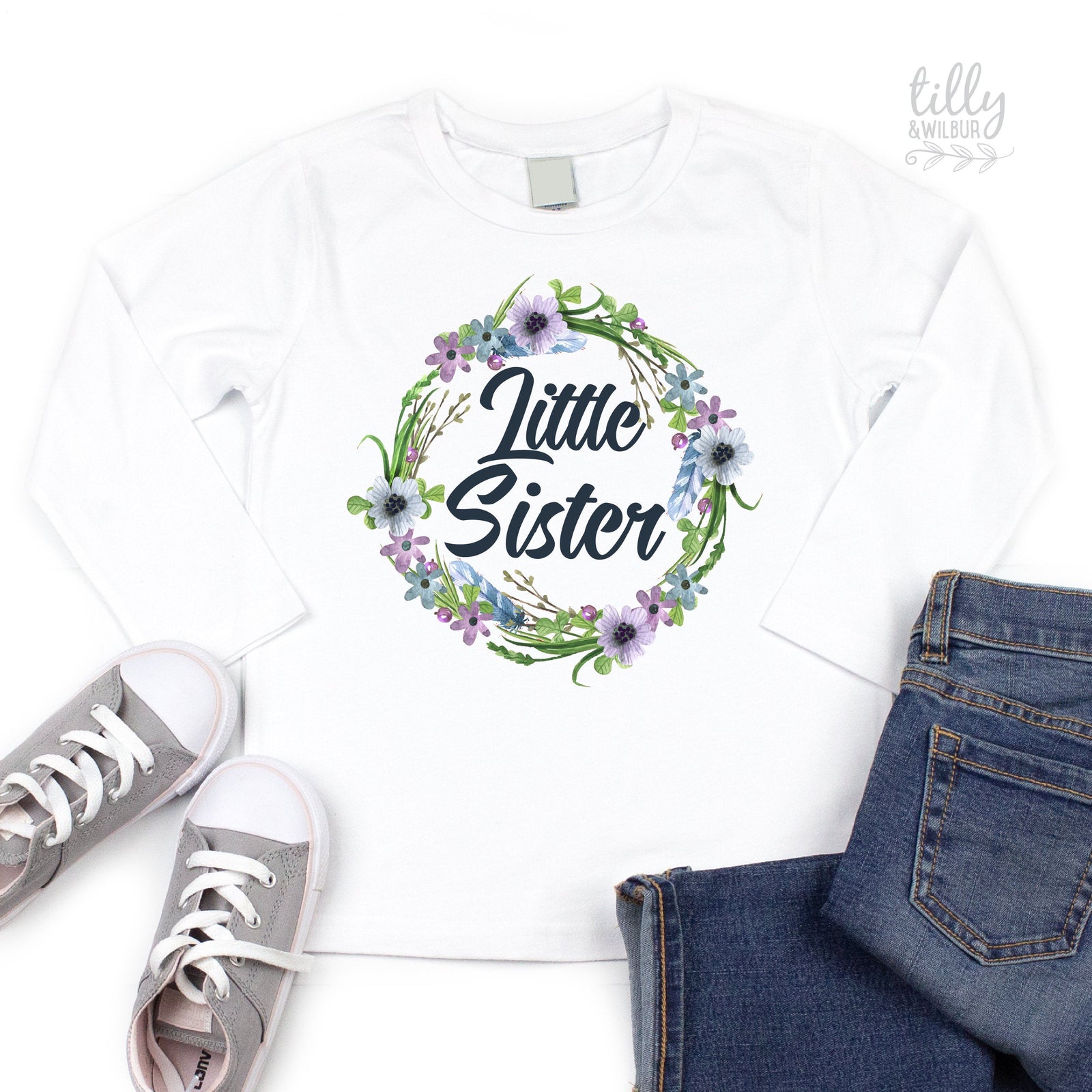 Little Sister Long Sleeve T-Shirt For Girls, Pregnancy Announcement T-Shirt, Pregnancy Announcement, Floral Little Sister Design, Baby Sis