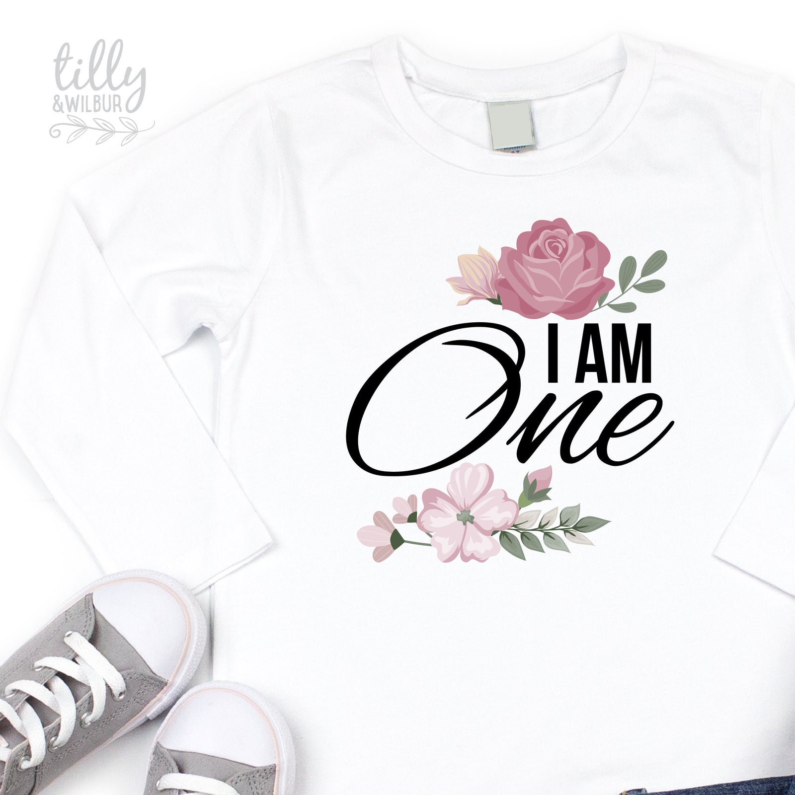 I Am One Long Sleeve Birthday T-Shirt, Baby Girls Cake Smash Outfit, First Birthday Gift, 1st Birthday Clothing, Floral First Birthday Gift