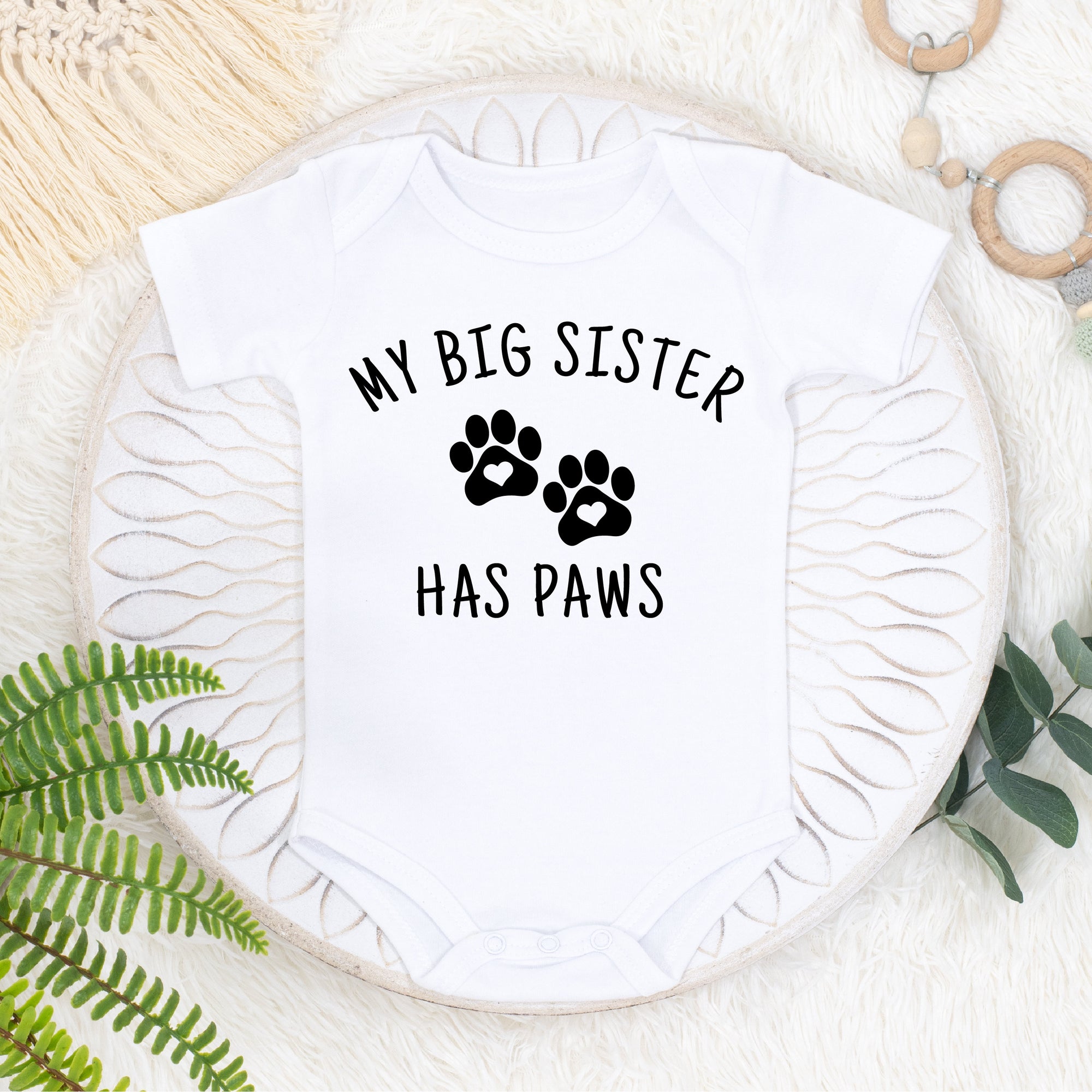 An original design and quality print from Australia&#39;s #1 Etsy seller for Expressive Wear - My Big Sister Has Paws Baby Bodysuit