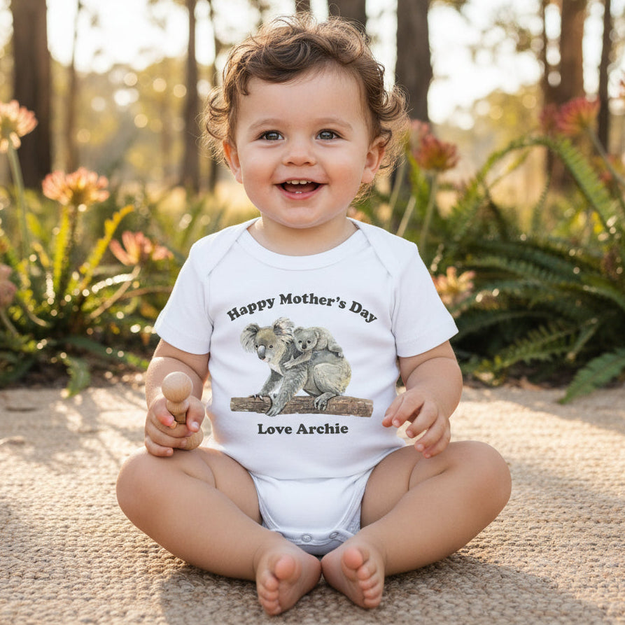 happy mothers day baby bodysuit koala, personalised baby outfit australia, custom name baby gift from baby