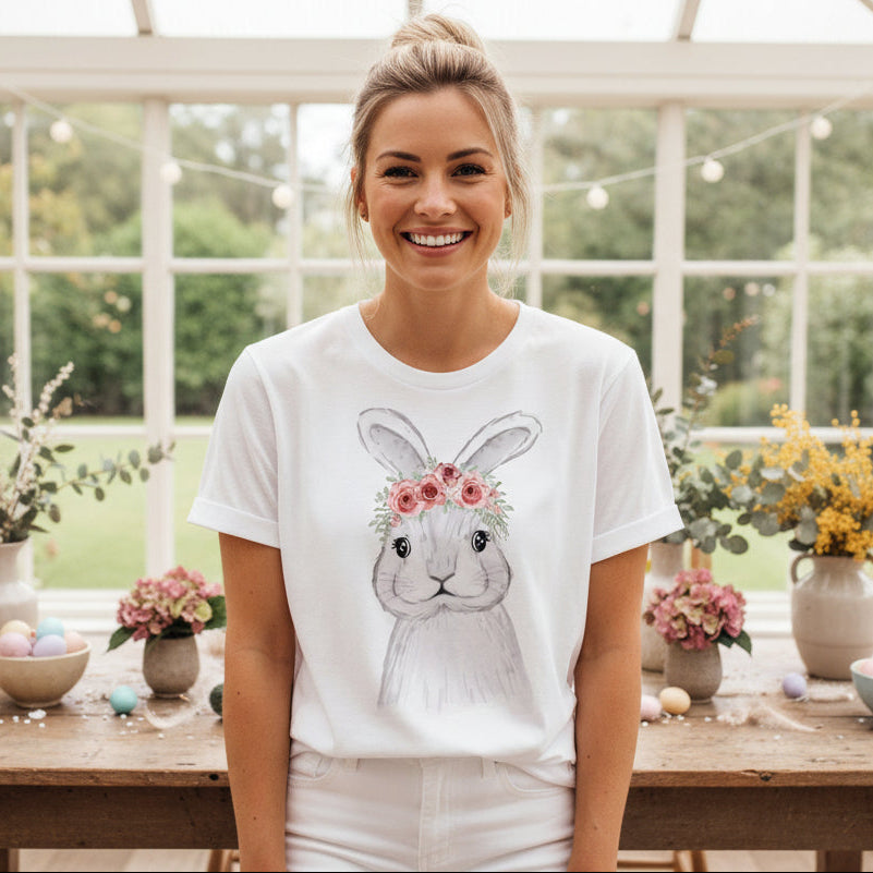 Watercolour floral bunny Easter shirt for women with bunny and flower crown design