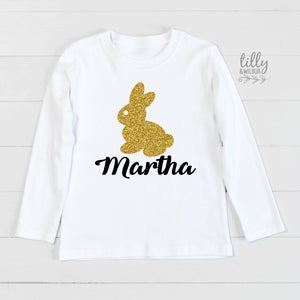 Personalised Easter Bunny T-Shirt, Personalised Easter T-Shirt, Easter Gift, Easter Outfit, Gold Glitter Bunny Rabbit T-Shirt For Girls