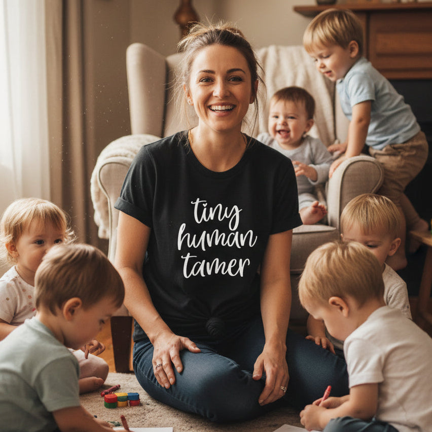 Tiny Human Tamer slogan printed on t-shirt, Mother’s Day gift idea