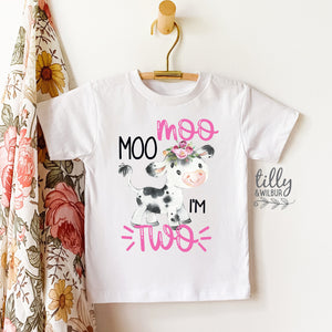 Moo Moo I&#39;m Two Girls 2nd Birthday T-Shirt, Two T-Shirt For Girls, Girls Birthday, Birthday Girl, Farm Animal Birthday, Cow T-Shirt, Girl 2