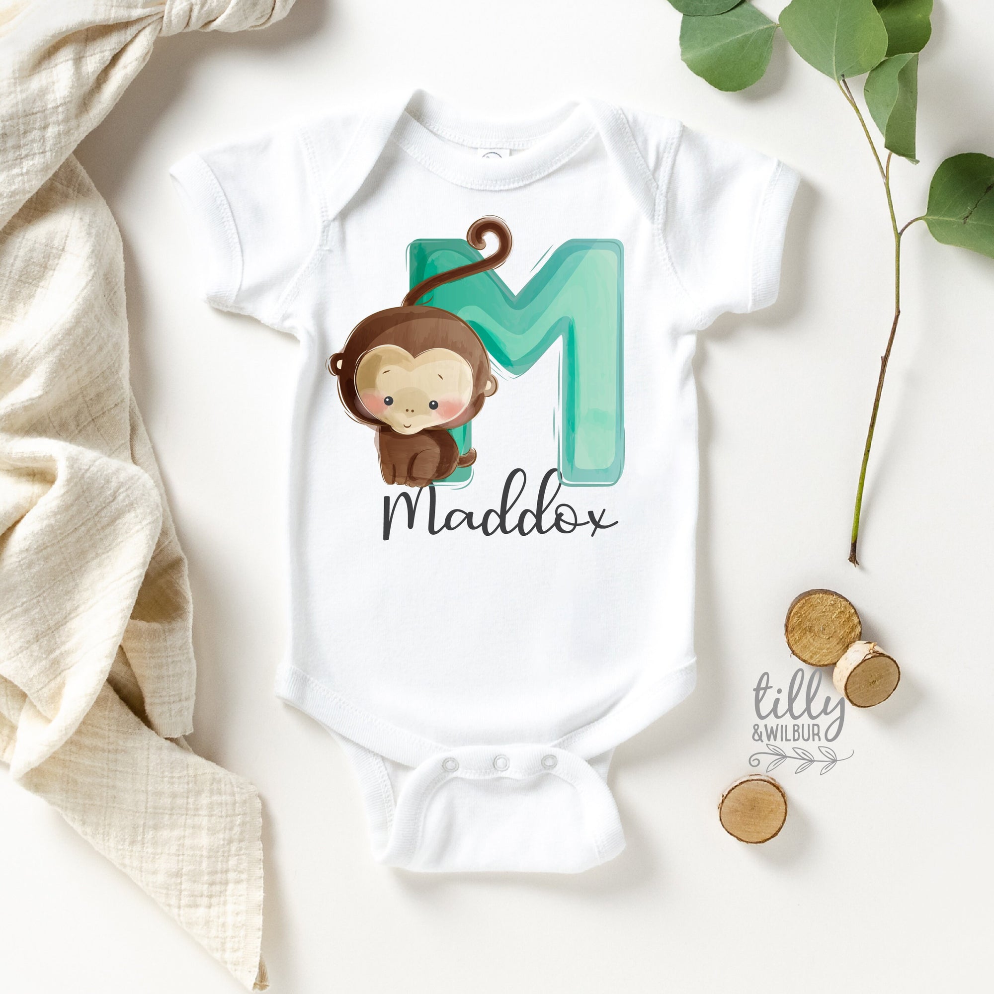 M Is For Monkey Onesie, Personalised Onesie, Newborn Personalised Bodysuit, Personalised Newborn Gift, Personalised Baby Gift, Baby Shower