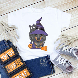 Dachshund Halloween T-Shirt, Halloween T-Shirt With Sausage Dog, Fancy Dress Shirt For Girls, Halloween Outfit, Girls Dog Shirt, Halloweiner
