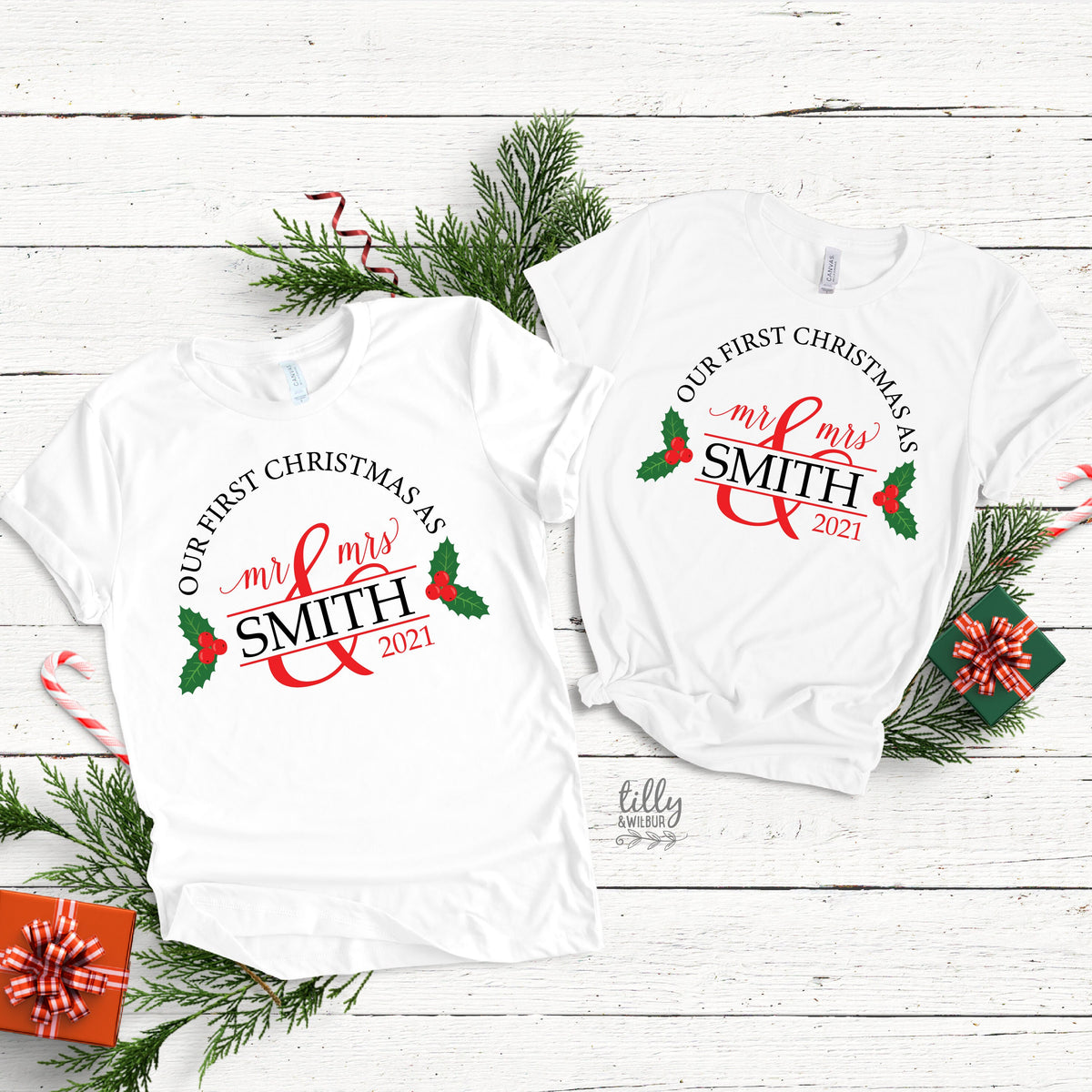 Mr and Mrs Christmas T-Shirts, Mr &amp; Mrs Matching Christmas T-Shirts, Personalised First Christmas Married, Newlyweds, His and Hers Tees