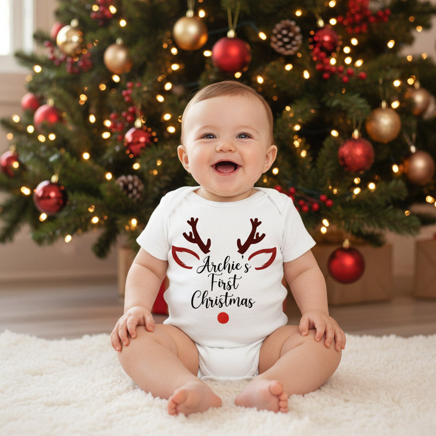 Personalised 1st Christmas Outfit With Baby&amp;#39;s Name, First Xmas Baby Bodysuit, Unisex Baby Clothes, Personalised New Baby&amp;#39;s First Christmas