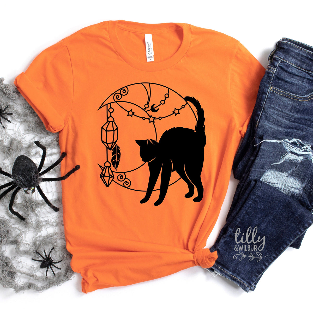Halloween T-Shirt, Cat T-Shirt, Moon T-Shirt, Crystal T-Shirt, Women&amp;#39;s Halloween T-Shirt, Witchy T-Shirt, Black Cat T-Shirt, Magic Crystals