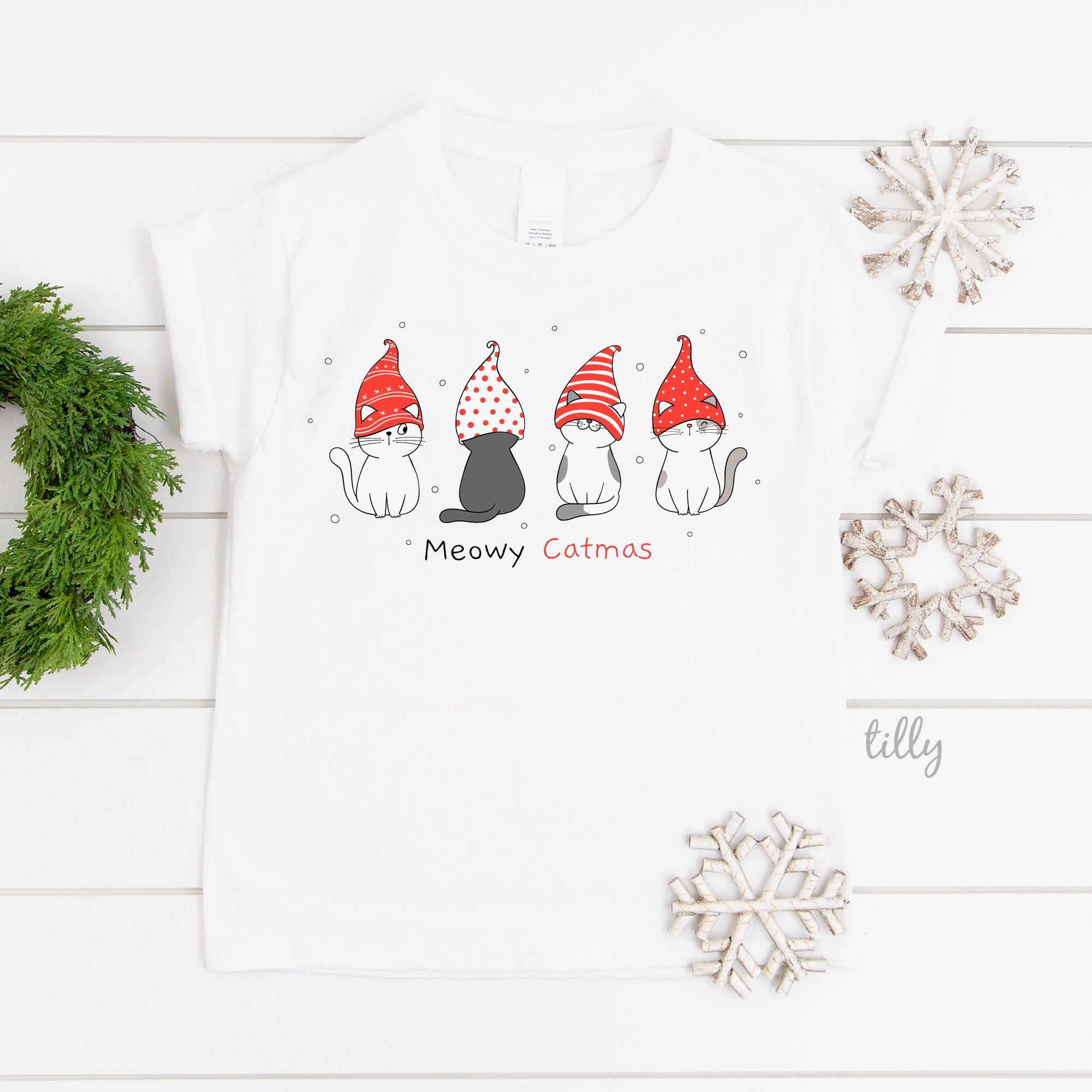 Meowy Christmas T-Shirt, Cat T-Shirt, Christmas Cat T-Shirt. Cat Christmas T-Shirt, Kid&#39;s Cat T-Shirt, Cat Lovers T-Shirt, Cat Lovers Gift