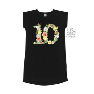 10 T-Shirt Dress, Ten Year Old Birthday Girl, 10th Birthday, 10th Birthday Outfit Girl, 10th Birthday, I Am Ten Girl, Floral Number Ten