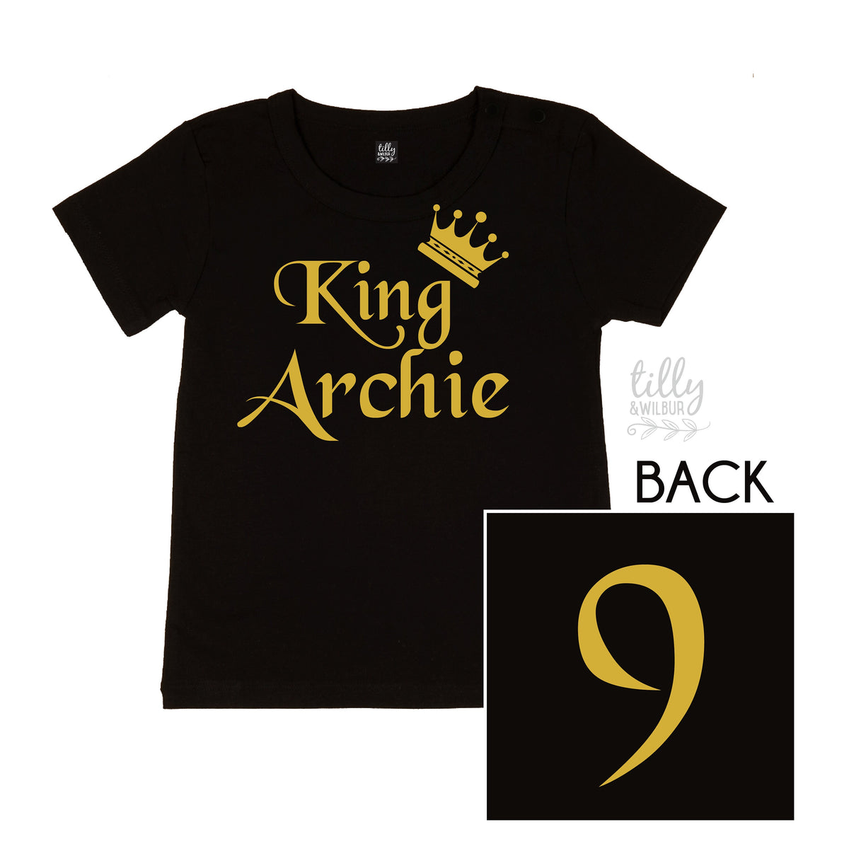 Personalised Boys T-Shirt With Childs Name, King Tee, Crown TShirt, Customized Boys Clothing, Black Short Sleeve Shirt With Gold Design