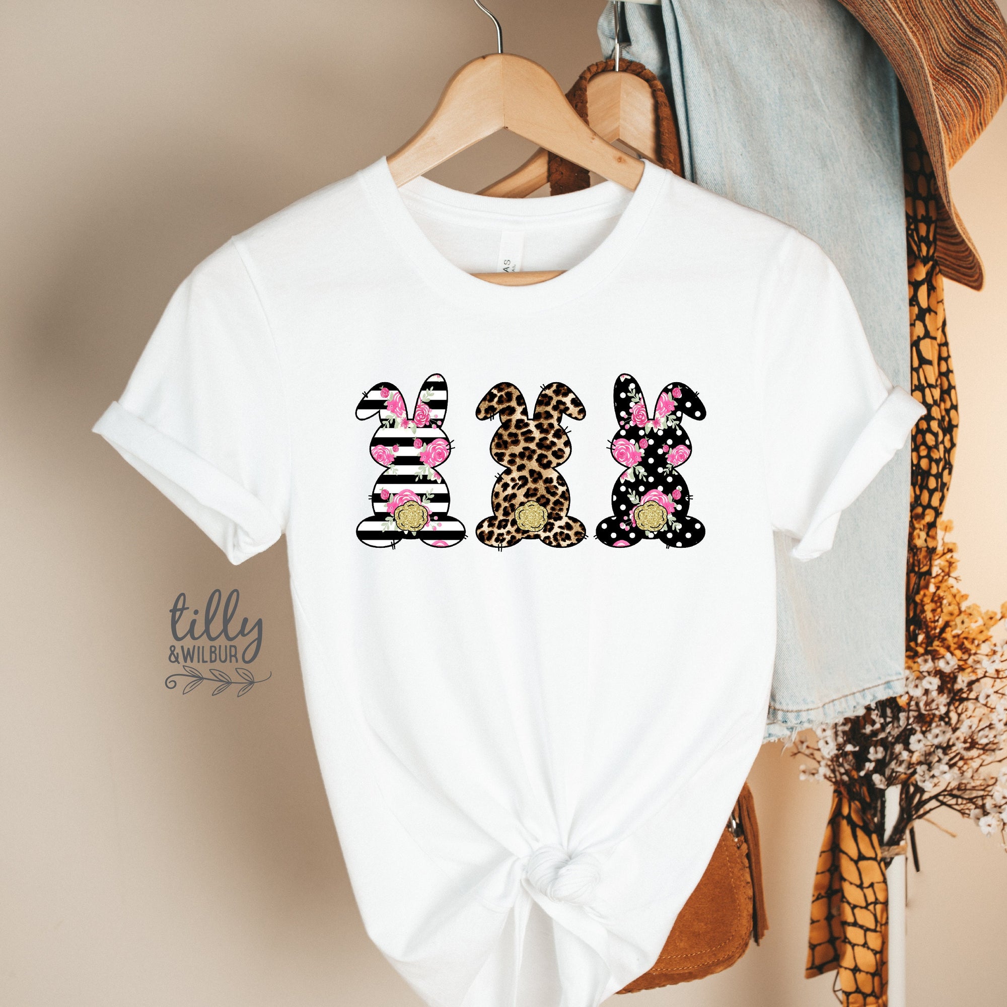 Easter T-Shirt, Rabbit T-Shirt, Bunny T-Shirt, Leopard Print, Polka Dot And Striped Bunny Rabbit Print, Easter Bunny Shirt, Easter Gift
