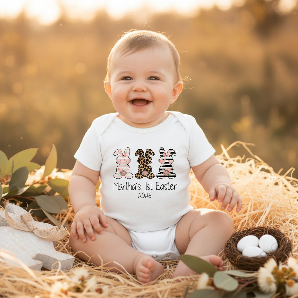 Personalised baby girl Easter bodysuit with floral leopard and striped bunny design and custom name and year