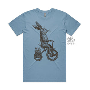 Easter T-Shirt, Men's Easter T-Shirt, Easter Egg Hunt T-Shirt, Men's Easter Gift, Mens Easter Outfit, Vintage Rabbit On Bicycle Illustration