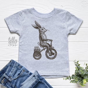 Easter T-Shirt, Kid's Easter T-Shirt, Easter Egg Hunt T-Shirt, Boys Easter Gift, Youth Easter Outfit, Vintage Rabbit On Bicycle Illustration