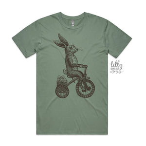 Easter T-Shirt, Men's Easter T-Shirt, Easter Egg Hunt T-Shirt, Men's Easter Gift, Mens Easter Outfit, Vintage Rabbit On Bicycle Illustration