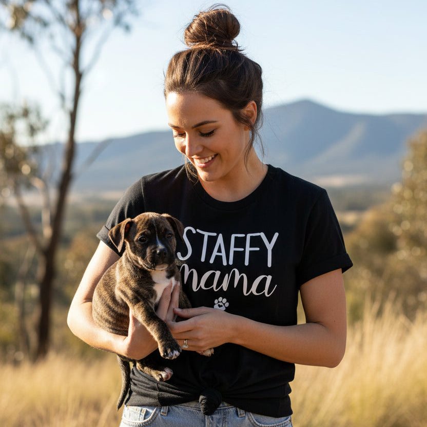 Staffy Mama text printed on black t-shirt, Mother’s Day gift idea for dog mums