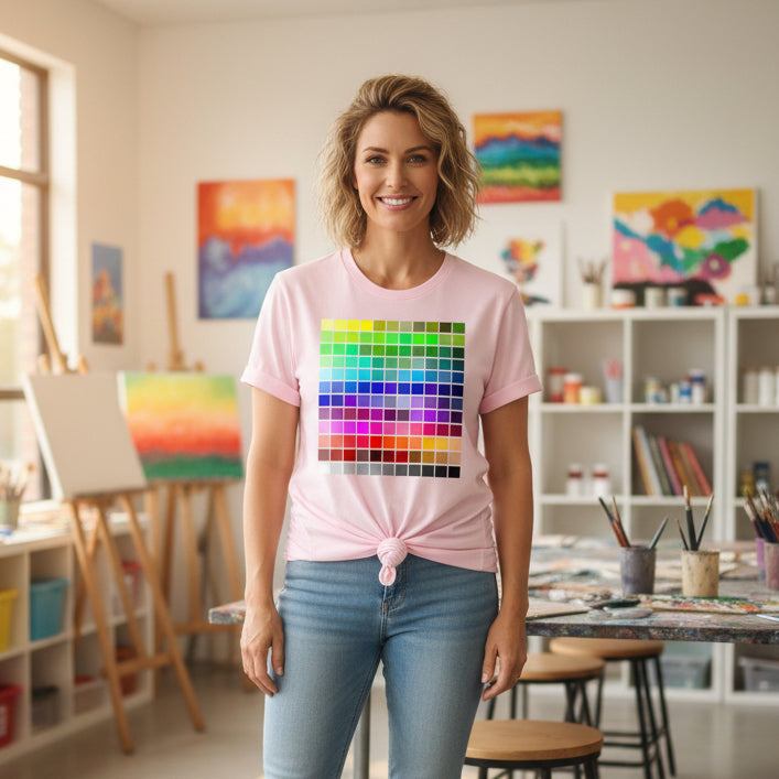 Black t-shirt with a grid of colourful swatches forming a colour palette design.